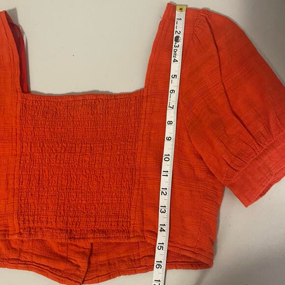 Orange Gauze Smocked Crop Top Womens Size XL 100% Cotton Puff Sleeve Milkmaid - Picture 8 of 8